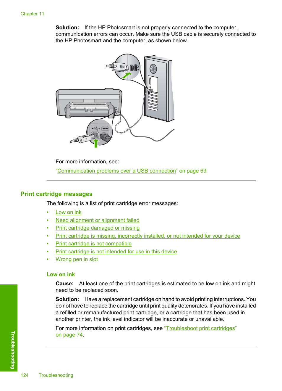 Print cartridge messages | HP Photosmart D5345 Printer User Manual | Page 125 / 149