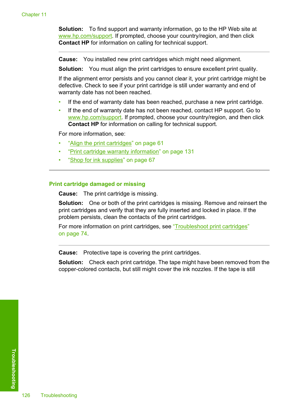 Print cartridge damaged or missing | HP Photosmart D5345 Printer User Manual | Page 127 / 149