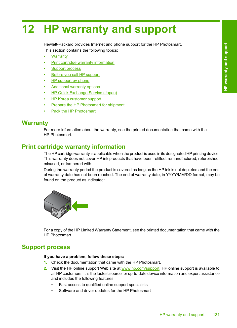 Hp warranty and support, Warranty, Print cartridge warranty information | Support process, 12 hp warranty and support | HP Photosmart D5345 Printer User Manual | Page 132 / 149