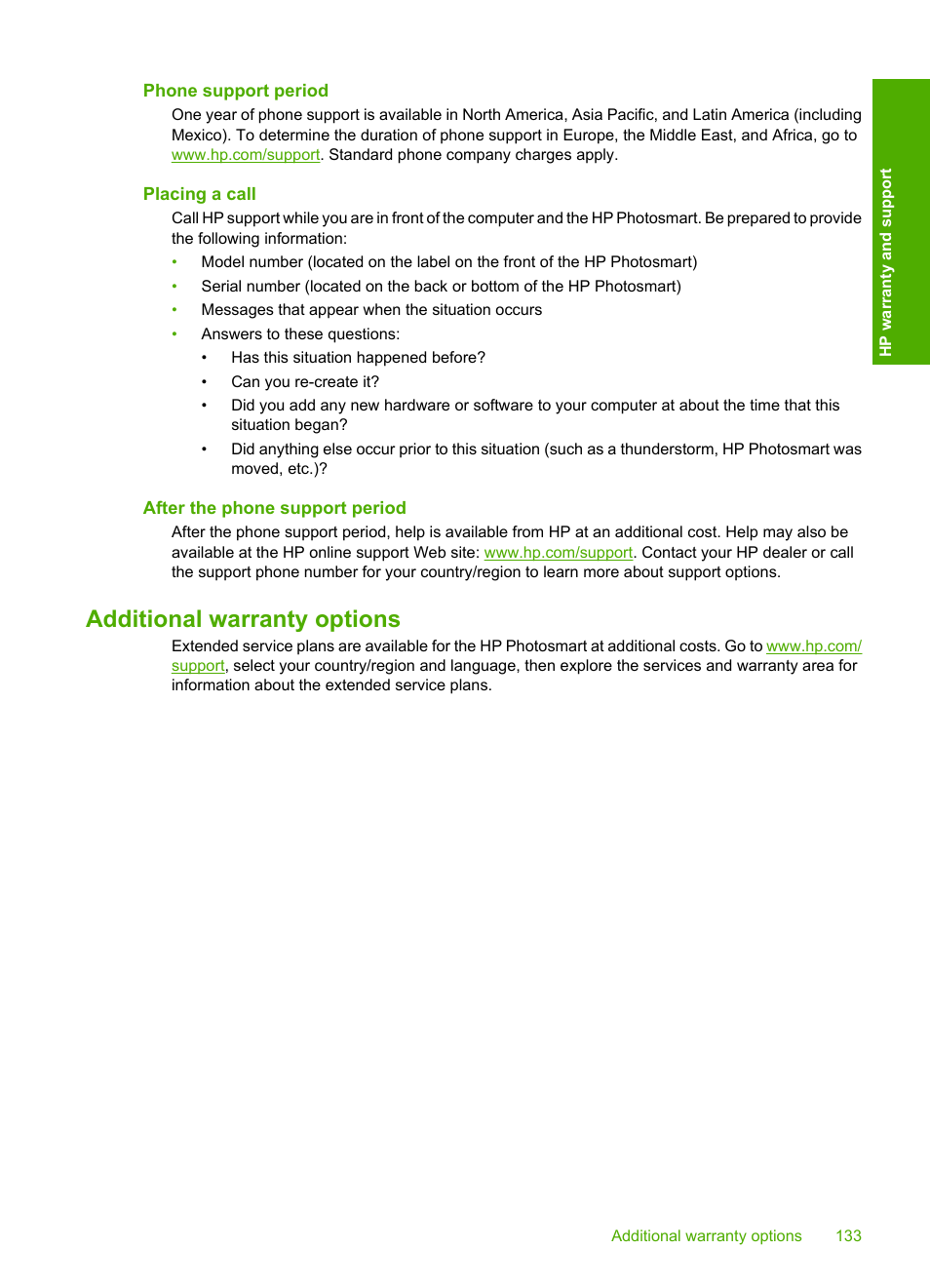 Phone support period, Placing a call, After the phone support period | Additional warranty options | HP Photosmart D5345 Printer User Manual | Page 134 / 149