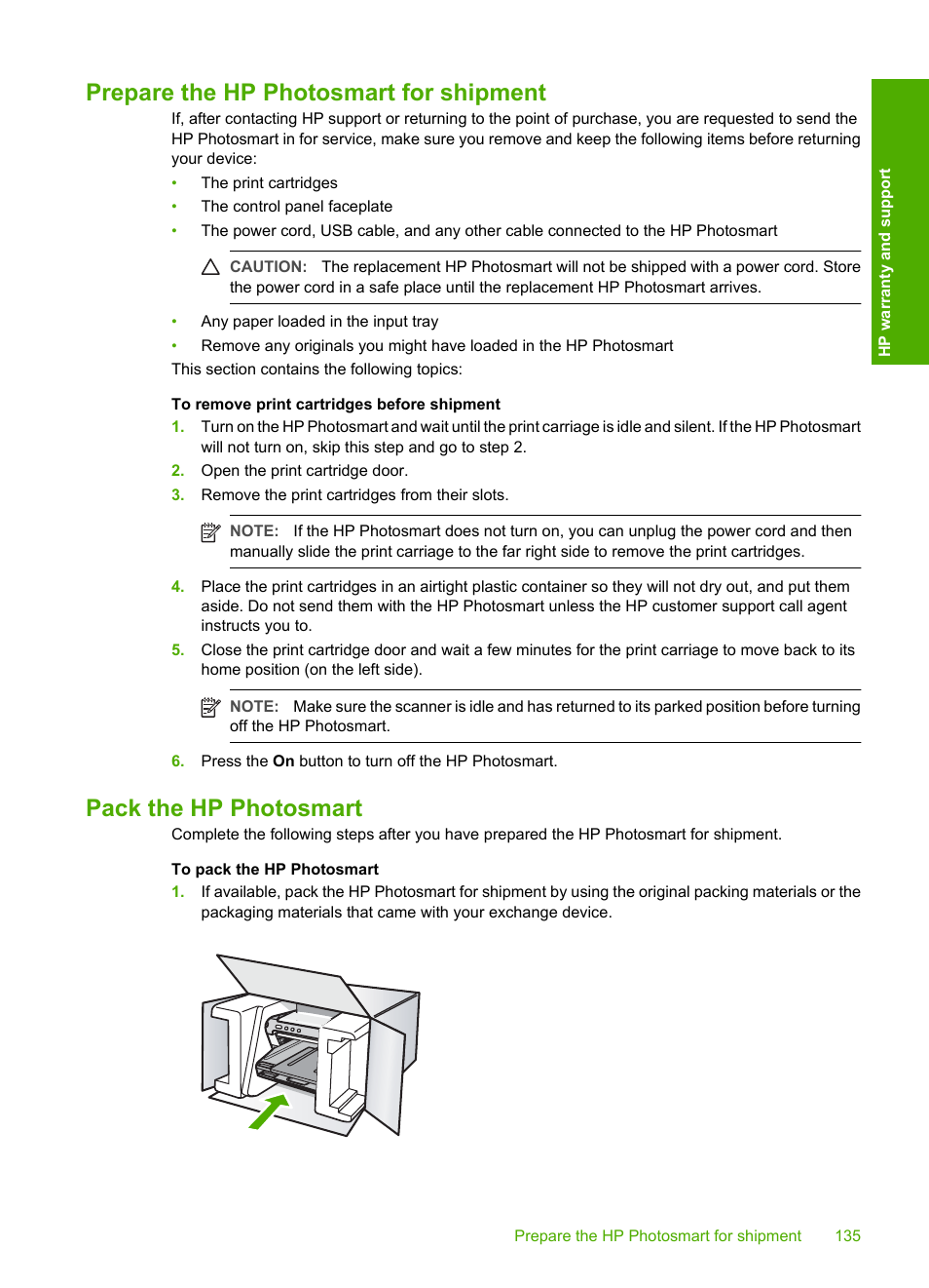 Prepare the hp photosmart for shipment, Pack the hp photosmart | HP Photosmart D5345 Printer User Manual | Page 136 / 149