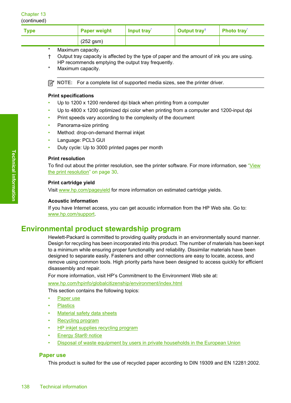 Environmental product stewardship program, Paper use, T tray | HP Photosmart D5345 Printer User Manual | Page 139 / 149