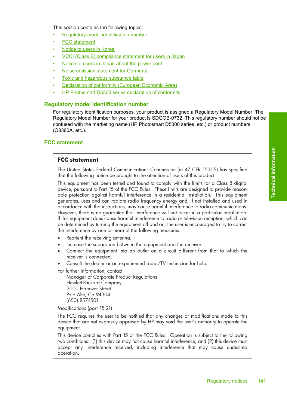 Regulatory model identification number, Fcc statement | HP Photosmart D5345 Printer User Manual | Page 142 / 149