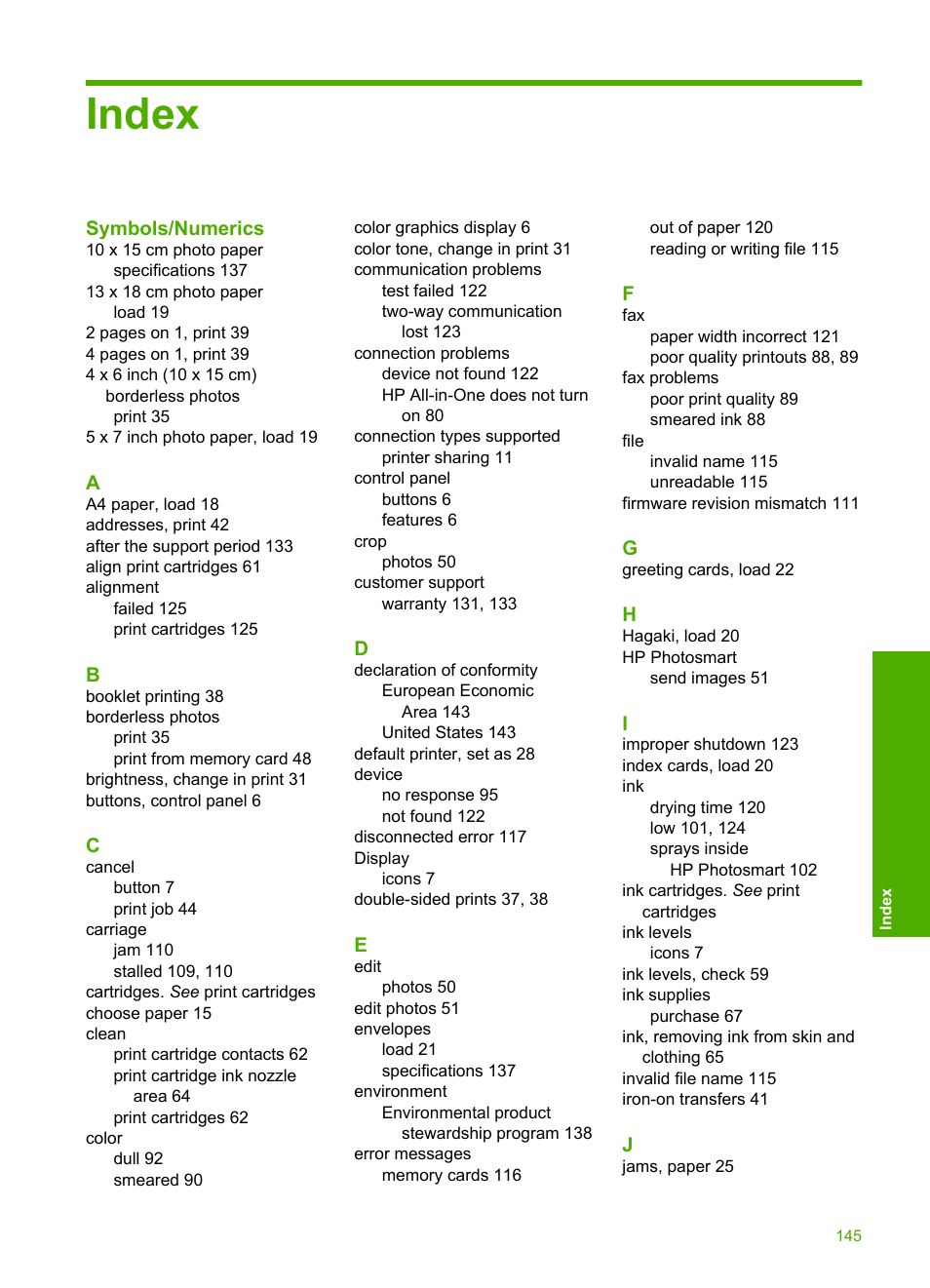 Index | HP Photosmart D5345 Printer User Manual | Page 146 / 149
