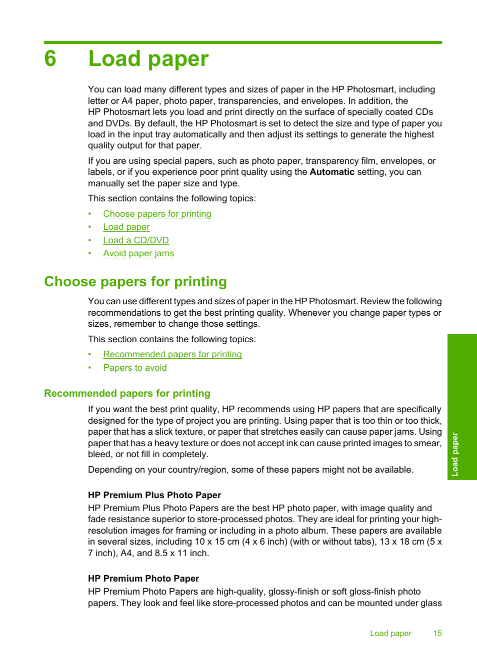 Load paper, Choose papers for printing, Recommended papers for printing | 6 load paper, 6load paper | HP Photosmart D5345 Printer User Manual | Page 16 / 149