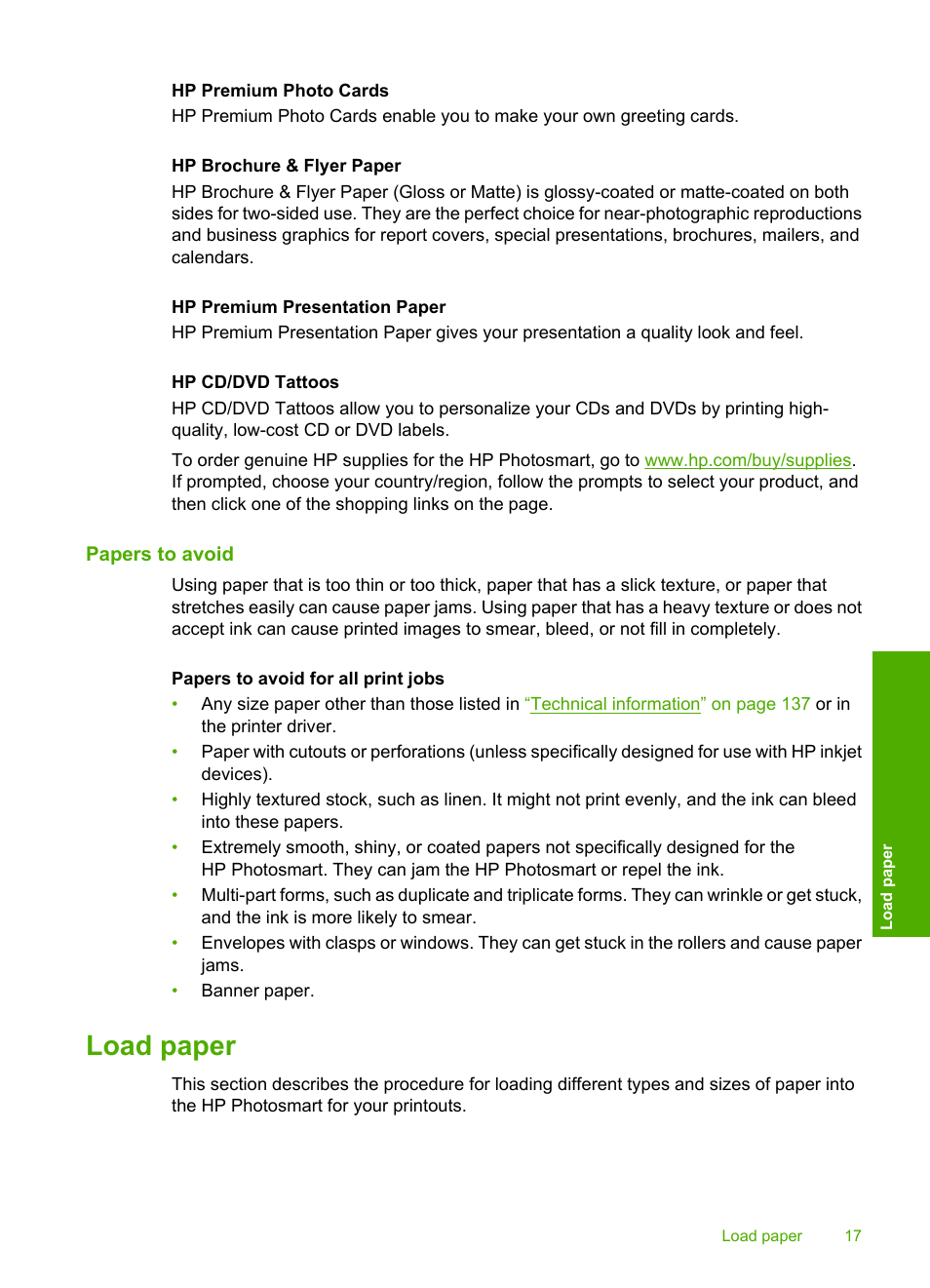 Papers to avoid, Load paper | HP Photosmart D5345 Printer User Manual | Page 18 / 149