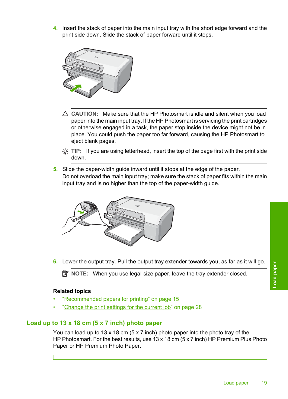 Load up to 13 x 18 cm (5 x 7 inch) photo paper | HP Photosmart D5345 Printer User Manual | Page 20 / 149