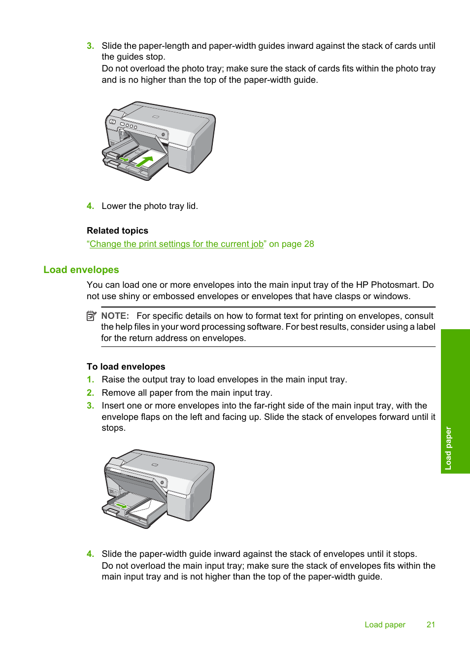 Load envelopes | HP Photosmart D5345 Printer User Manual | Page 22 / 149