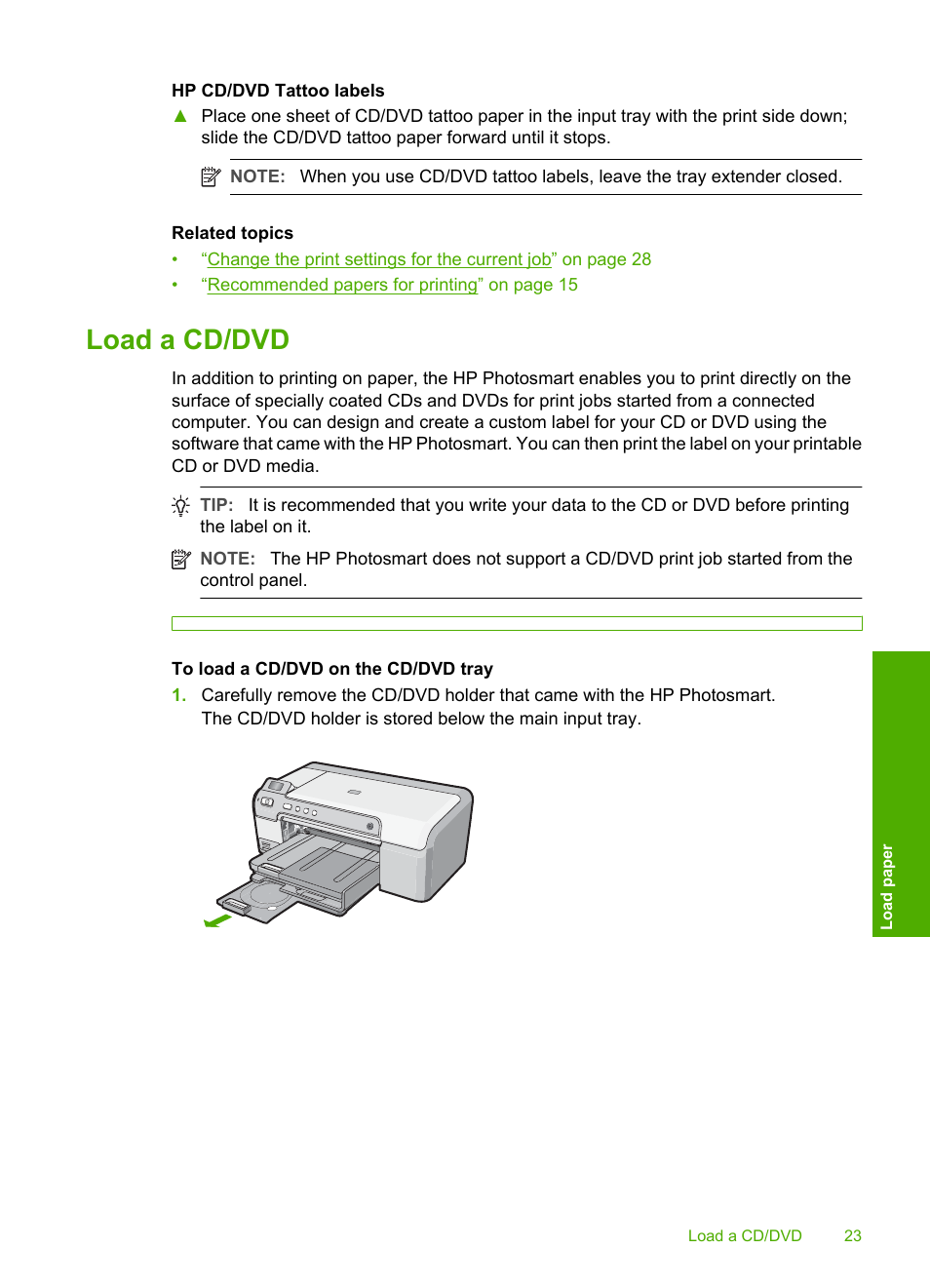 Load a cd/dvd | HP Photosmart D5345 Printer User Manual | Page 24 / 149