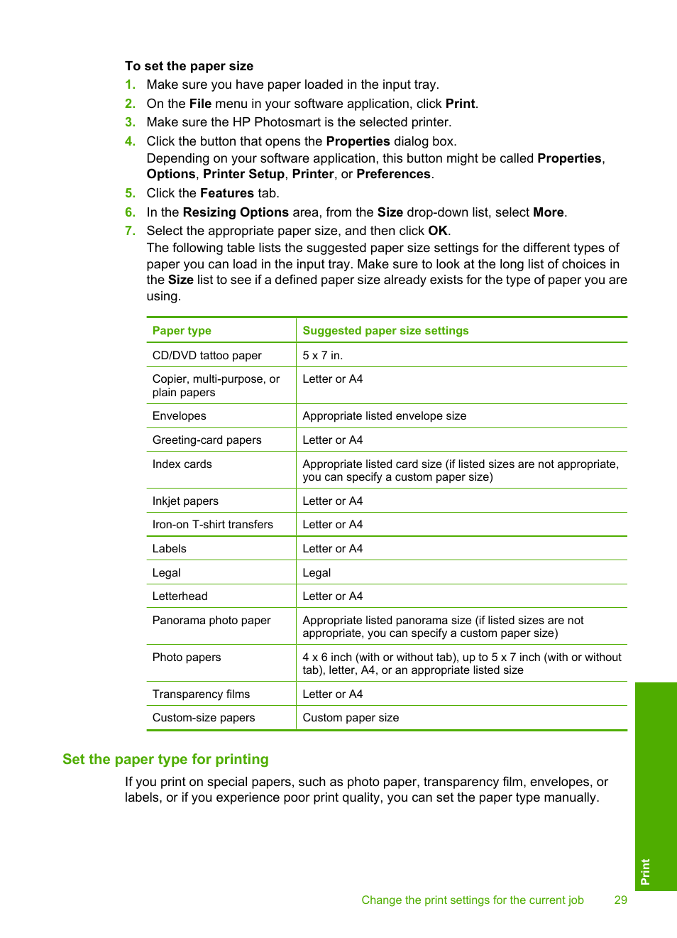 Set the paper type for printing | HP Photosmart D5345 Printer User Manual | Page 30 / 149