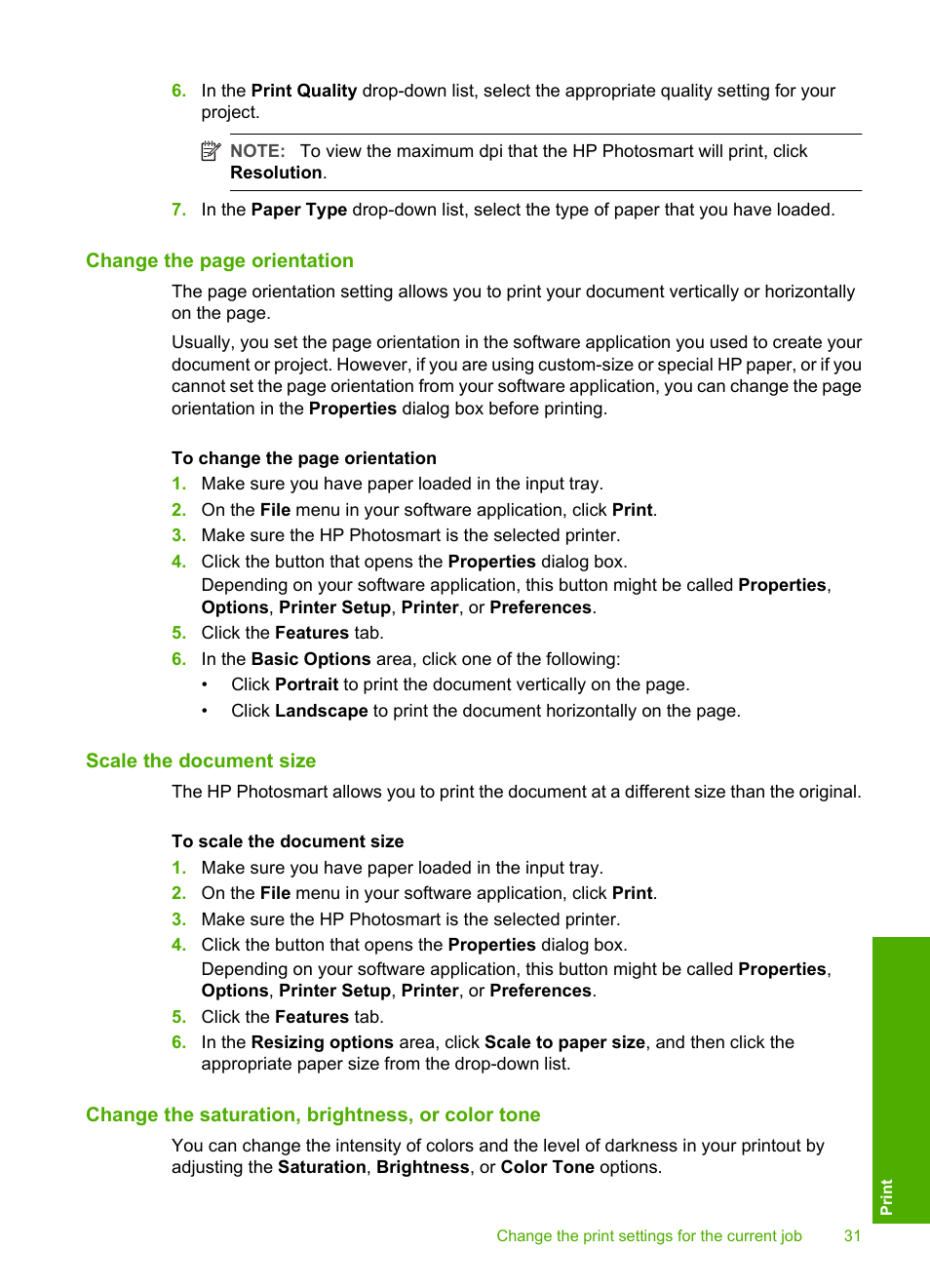 Scale the document size, Change the saturation, brightness, or color tone | HP Photosmart D5345 Printer User Manual | Page 32 / 149