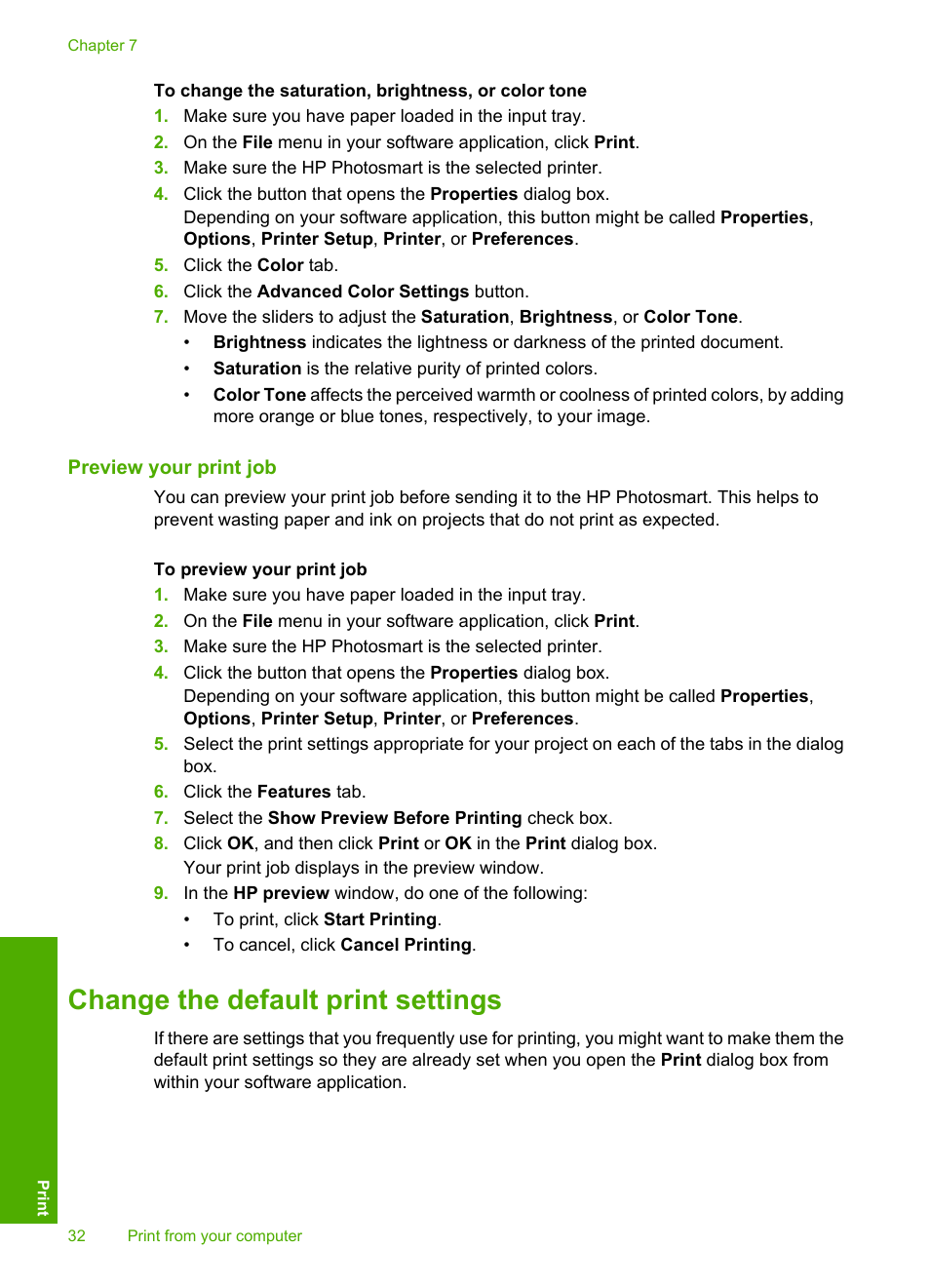 Preview your print job, Change the default print settings | HP Photosmart D5345 Printer User Manual | Page 33 / 149