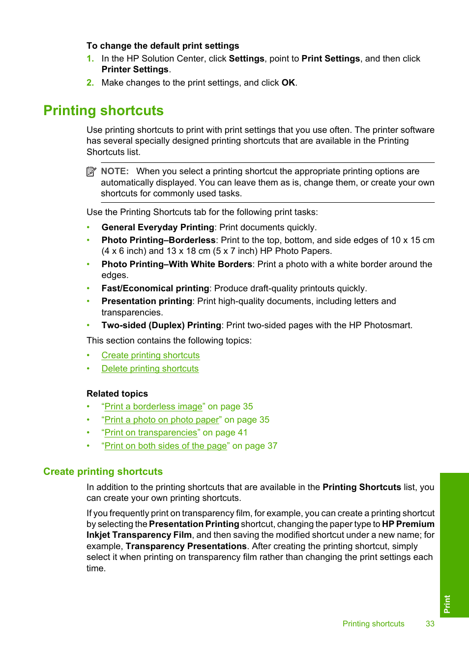 Printing shortcuts, Create printing shortcuts | HP Photosmart D5345 Printer User Manual | Page 34 / 149