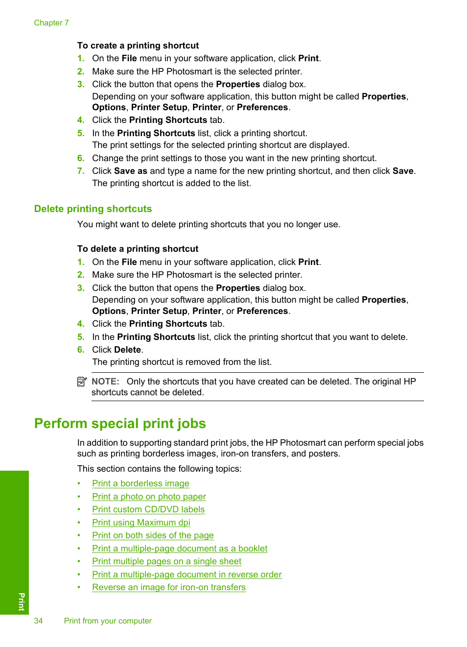 Delete printing shortcuts, Perform special print jobs | HP Photosmart D5345 Printer User Manual | Page 35 / 149