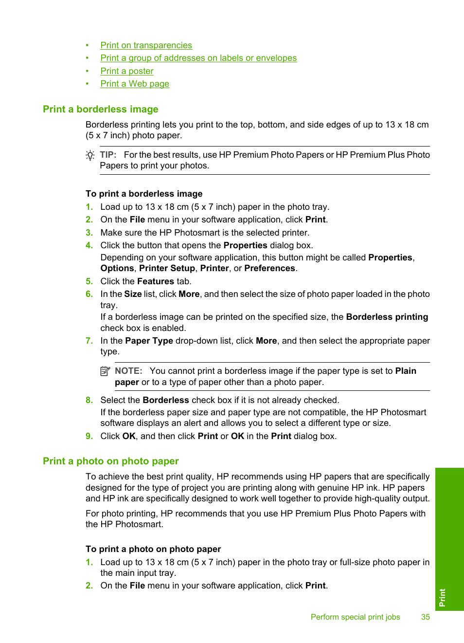 Print a borderless image, Print a photo on photo paper | HP Photosmart D5345 Printer User Manual | Page 36 / 149