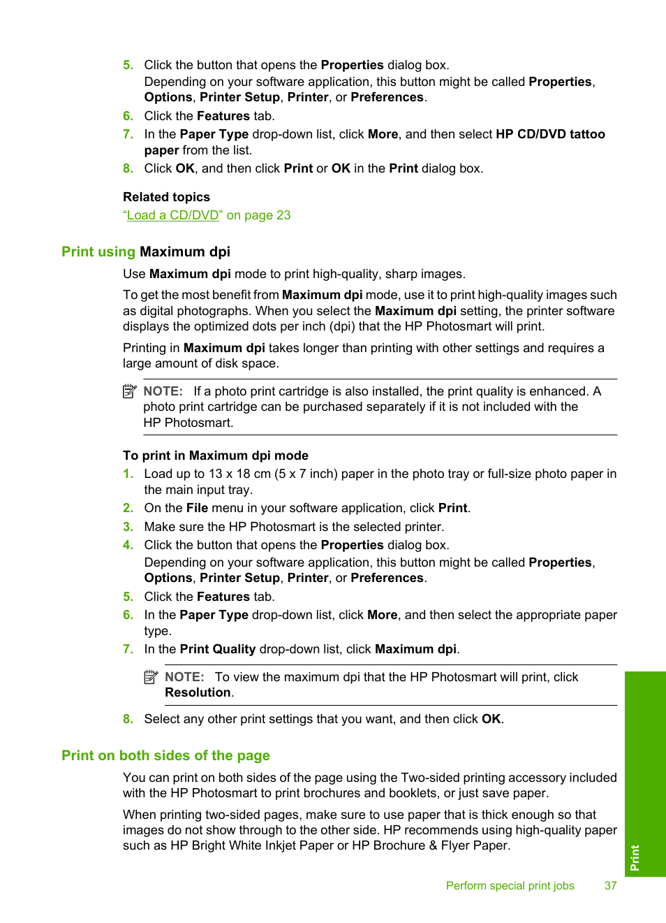 Print using maximum dpi | HP Photosmart D5345 Printer User Manual | Page 38 / 149