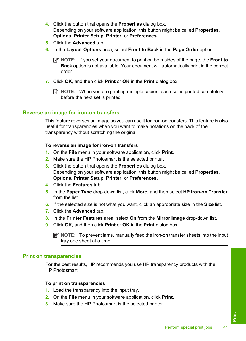 Reverse an image for iron-on transfers, Print on transparencies | HP Photosmart D5345 Printer User Manual | Page 42 / 149