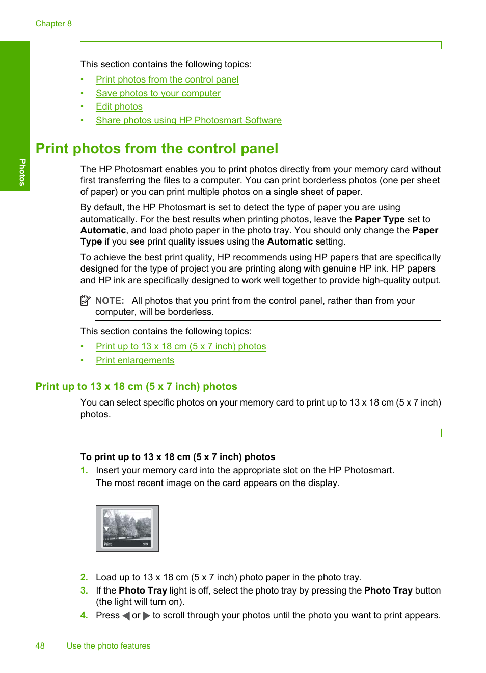 Print photos from the control panel, Print up to 13 x 18 cm (5 x 7 inch) photos | HP Photosmart D5345 Printer User Manual | Page 49 / 149