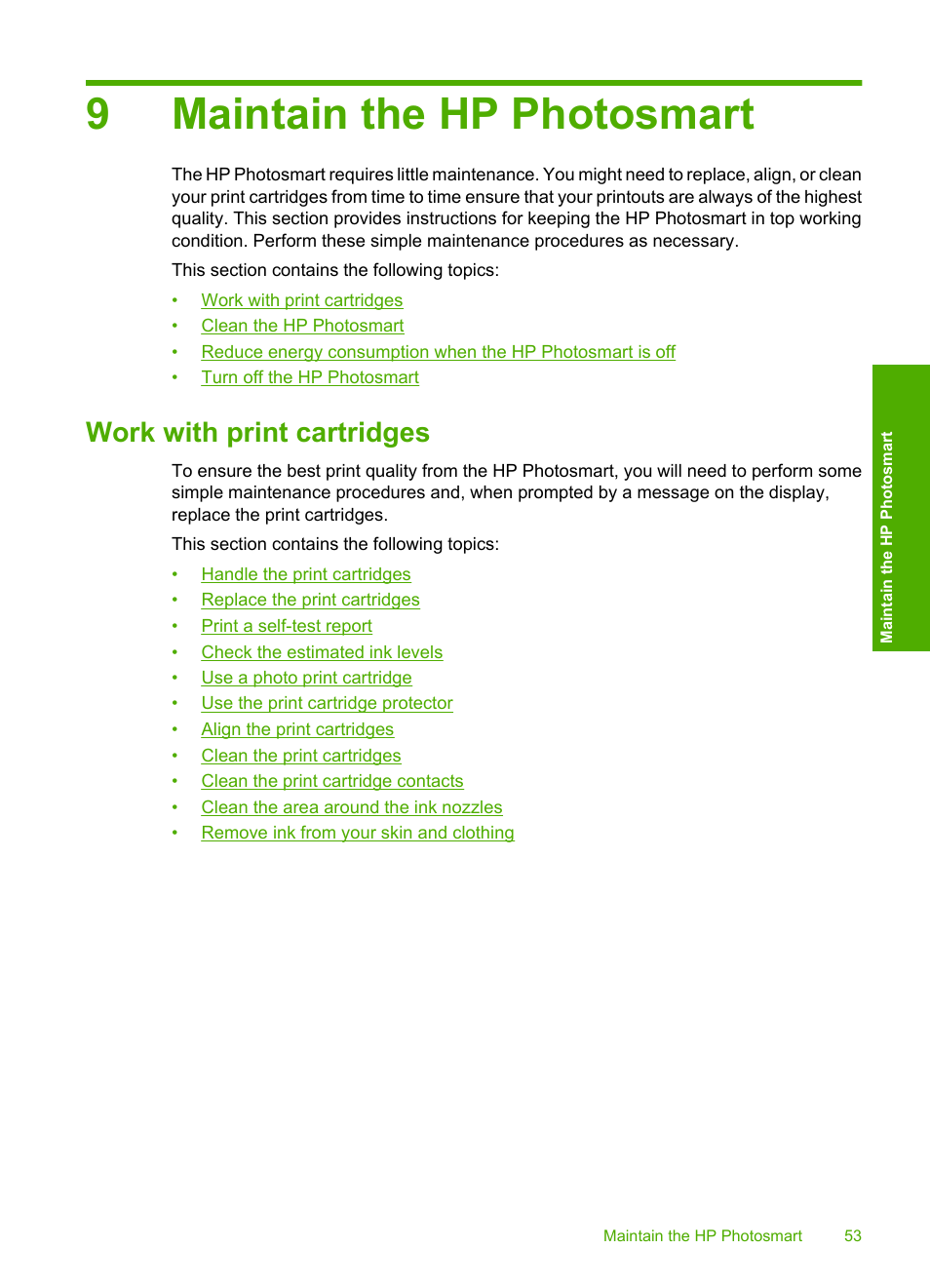 Maintain the hp photosmart, Work with print cartridges, 9 maintain the hp photosmart | 9maintain the hp photosmart | HP Photosmart D5345 Printer User Manual | Page 54 / 149