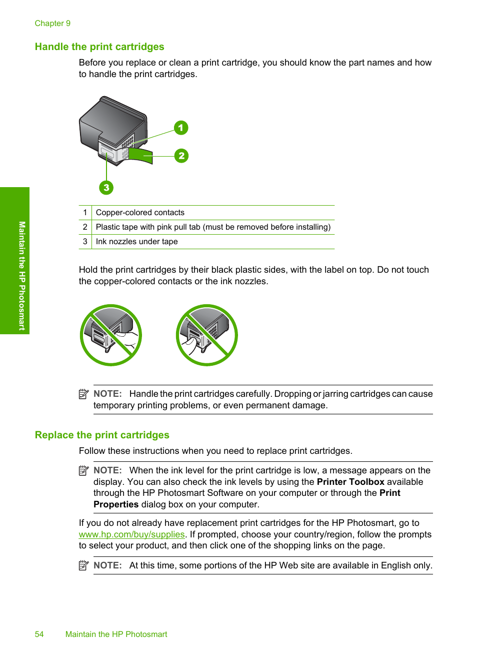 Handle the print cartridges, Replace the print cartridges | HP Photosmart D5345 Printer User Manual | Page 55 / 149