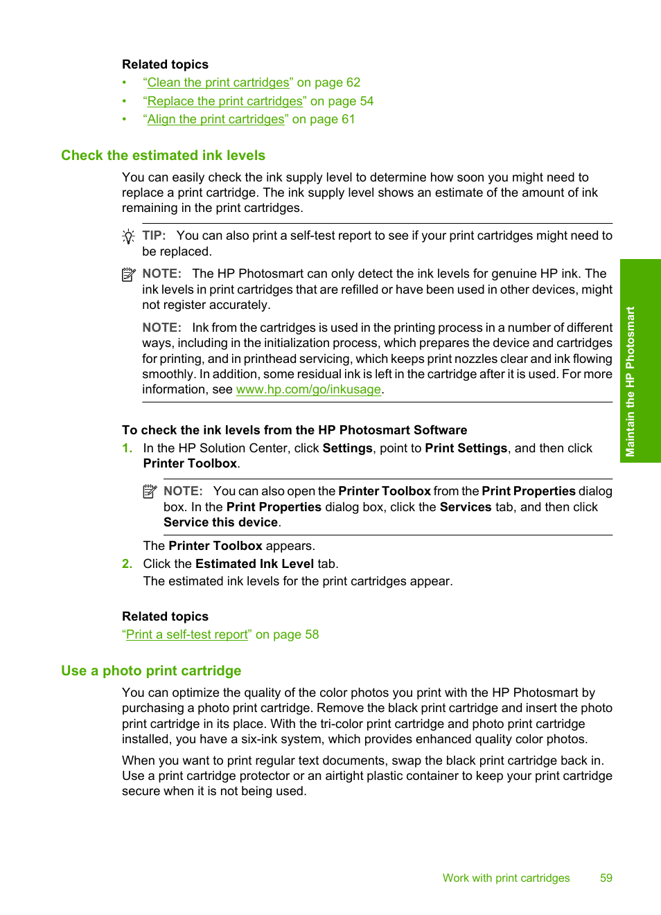 Check the estimated ink levels, Use a photo print cartridge | HP Photosmart D5345 Printer User Manual | Page 60 / 149