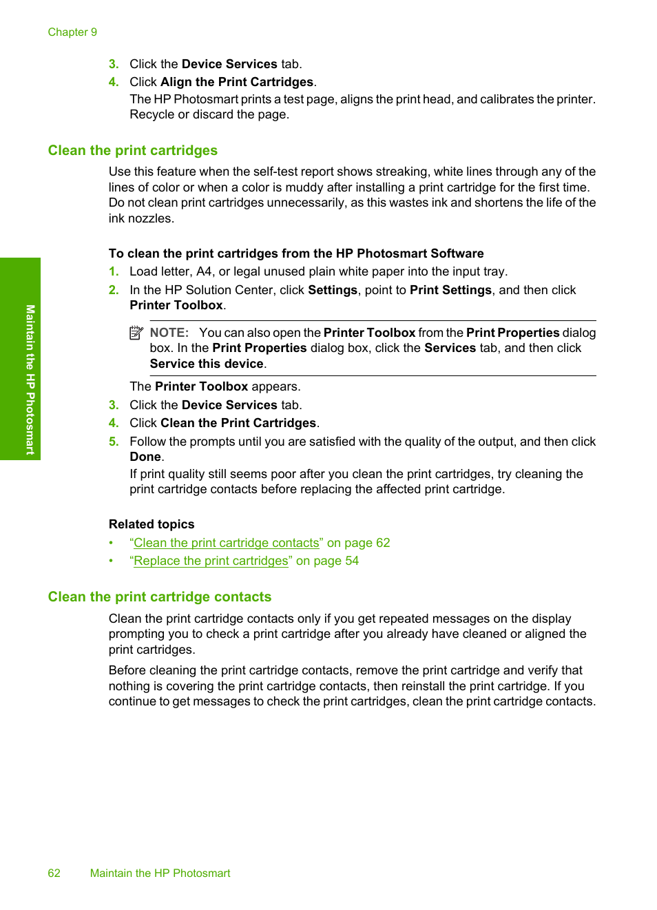 Clean the print cartridges, Clean the print cartridge contacts | HP Photosmart D5345 Printer User Manual | Page 63 / 149