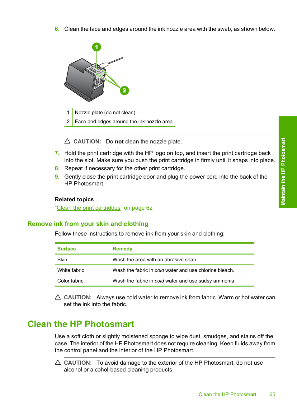 Remove ink from your skin and clothing, Clean the hp photosmart | HP Photosmart D5345 Printer User Manual | Page 66 / 149