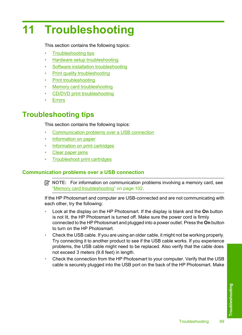 Troubleshooting, Troubleshooting tips, Communication problems over a usb connection | 11 troubleshooting | HP Photosmart D5345 Printer User Manual | Page 70 / 149