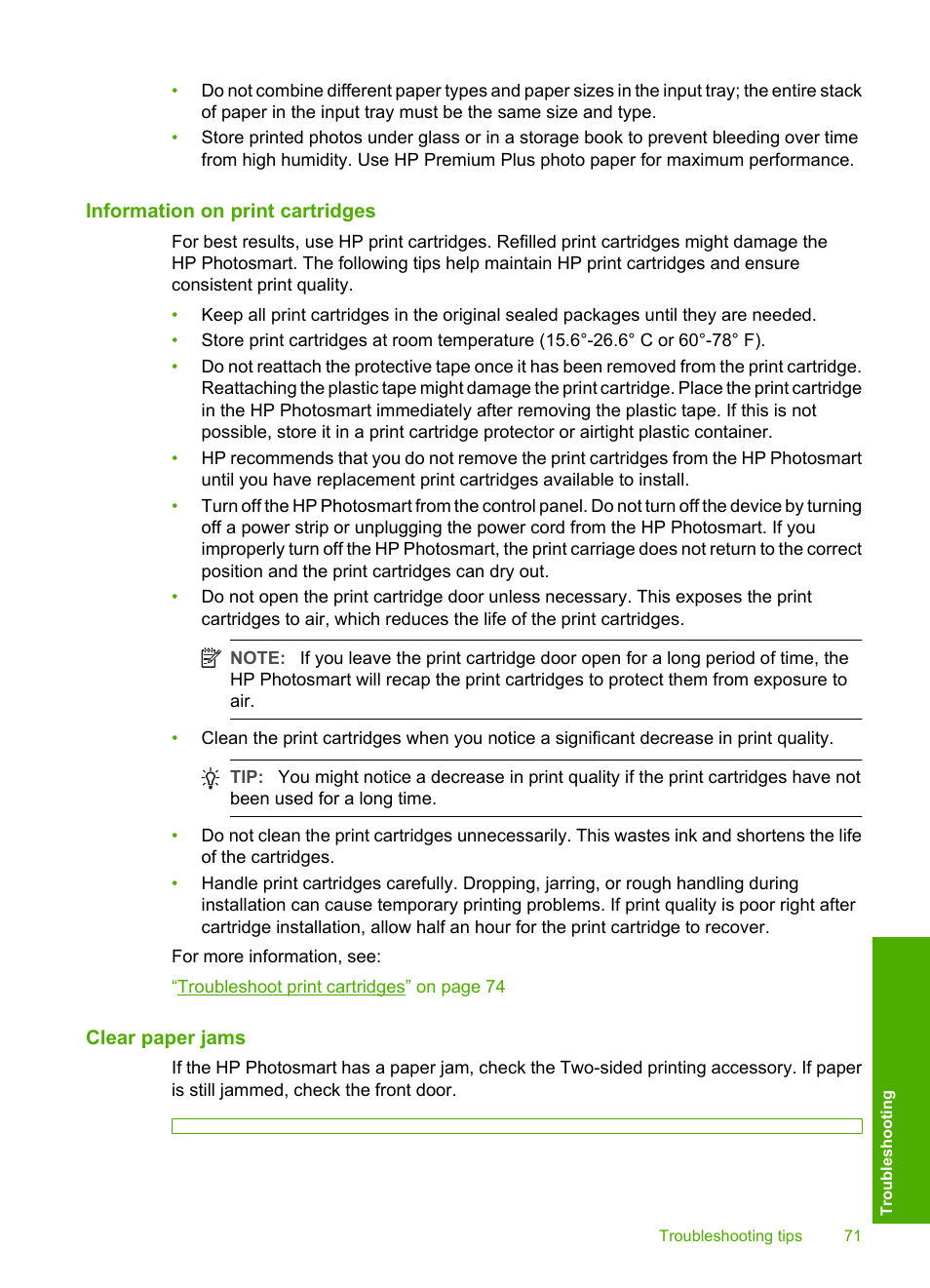 Information on print cartridges, Clear paper jams | HP Photosmart D5345 Printer User Manual | Page 72 / 149