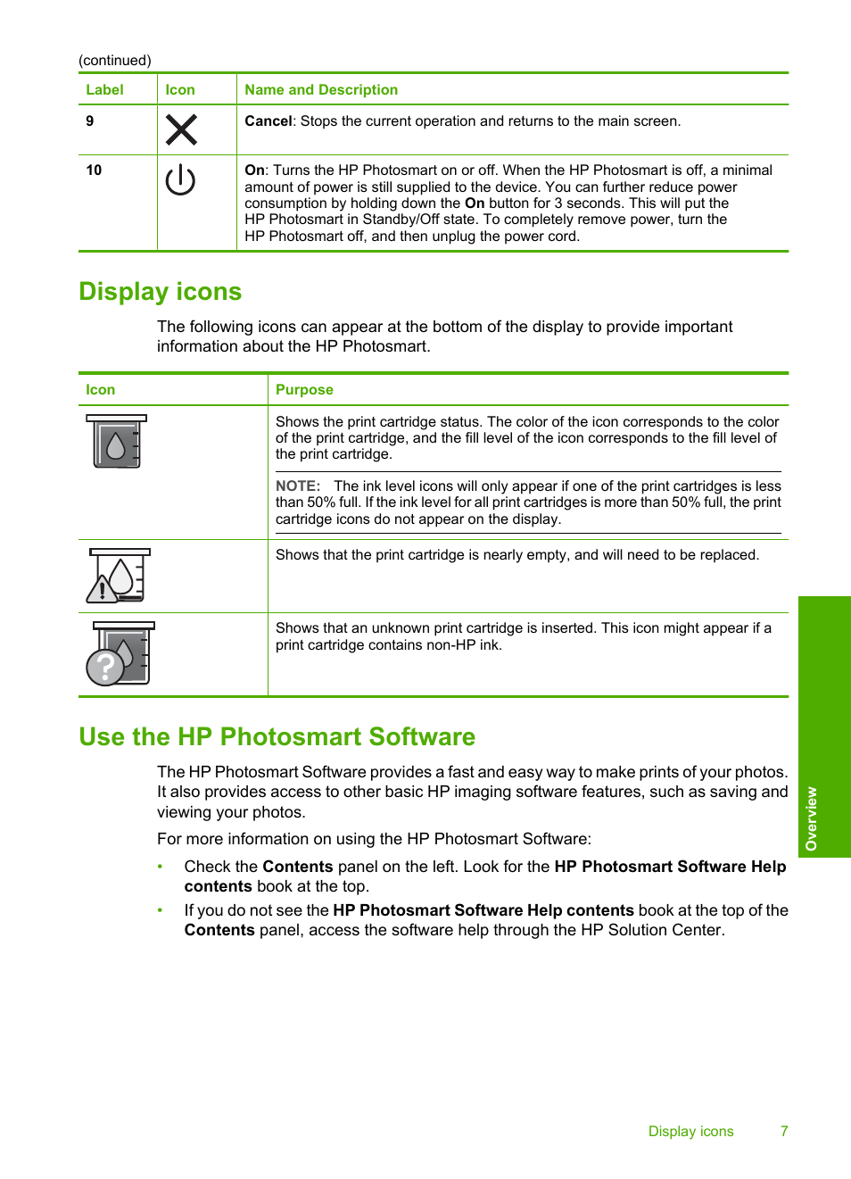 Display icons, Use the hp photosmart software, Display icons use the hp photosmart software | HP Photosmart D5345 Printer User Manual | Page 8 / 149