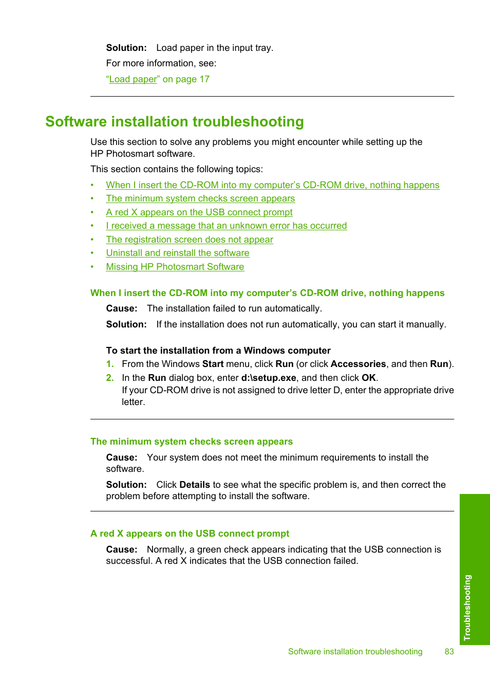 Software installation troubleshooting | HP Photosmart D5345 Printer User Manual | Page 84 / 149