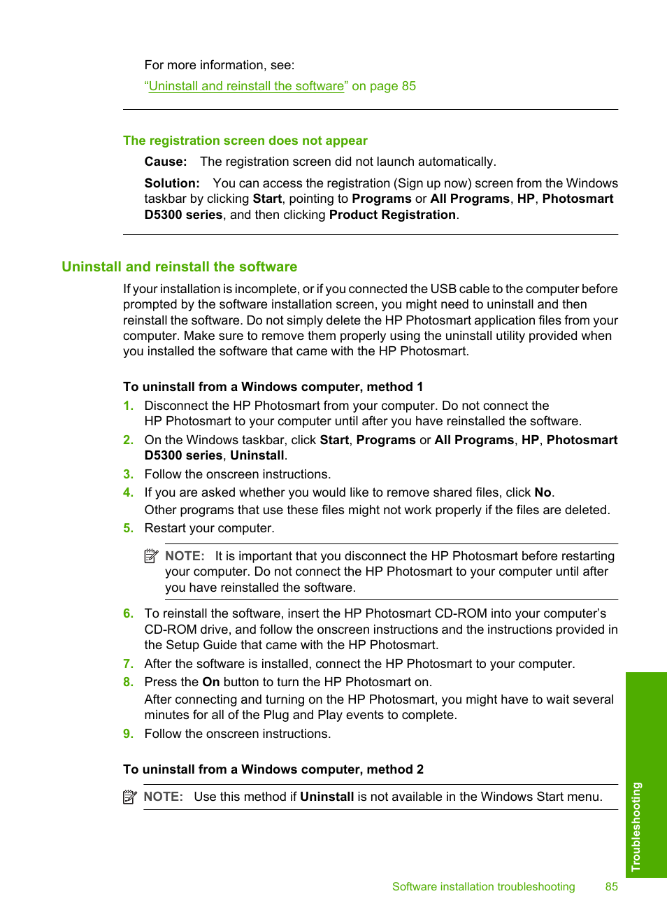 Uninstall and reinstall the software, The registration screen does not appear | HP Photosmart D5345 Printer User Manual | Page 86 / 149