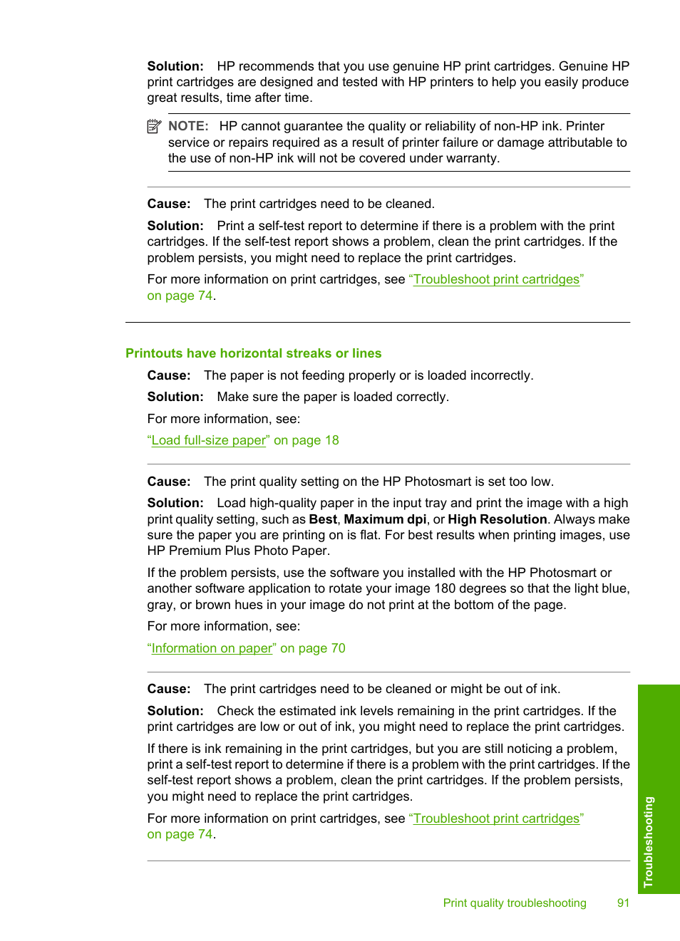 Printouts have horizontal streaks or lines | HP Photosmart D5345 Printer User Manual | Page 92 / 149