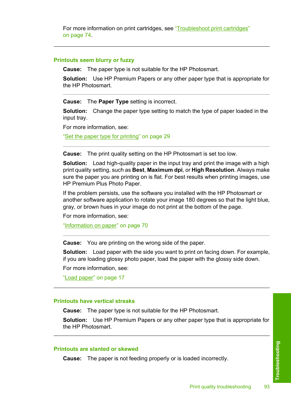 Printouts seem blurry or fuzzy, Printouts have vertical streaks, Printouts are slanted or skewed | HP Photosmart D5345 Printer User Manual | Page 94 / 149