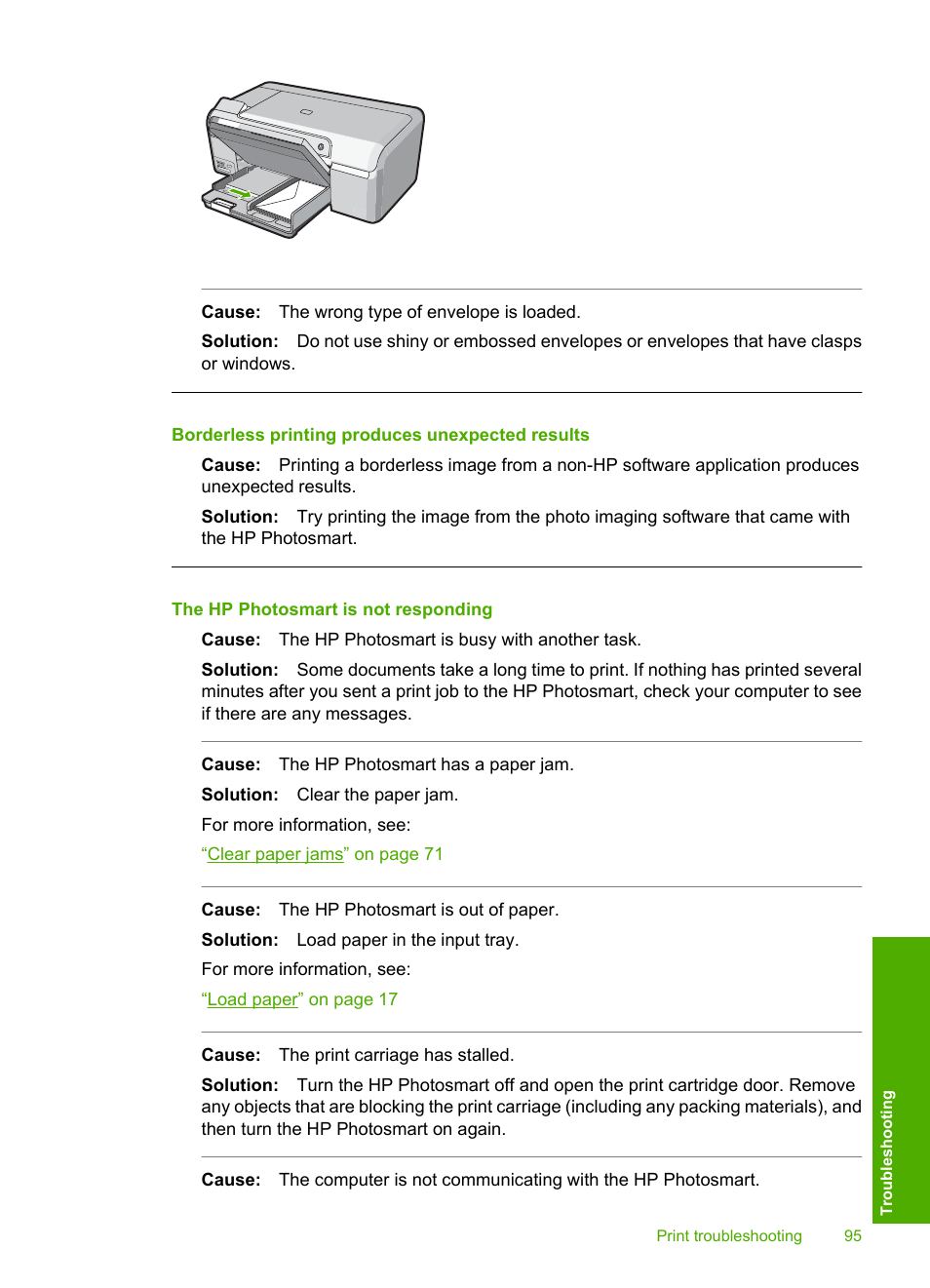 Borderless printing produces unexpected results, The hp photosmart is not responding | HP Photosmart D5345 Printer User Manual | Page 96 / 149