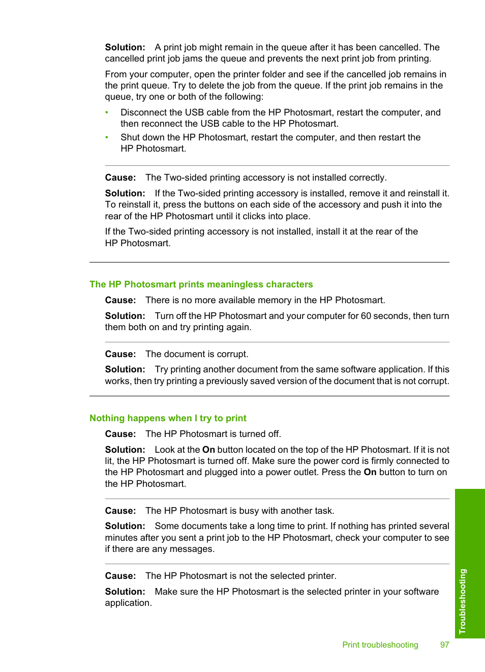 The hp photosmart prints meaningless characters, Nothing happens when i try to print | HP Photosmart D5345 Printer User Manual | Page 98 / 149