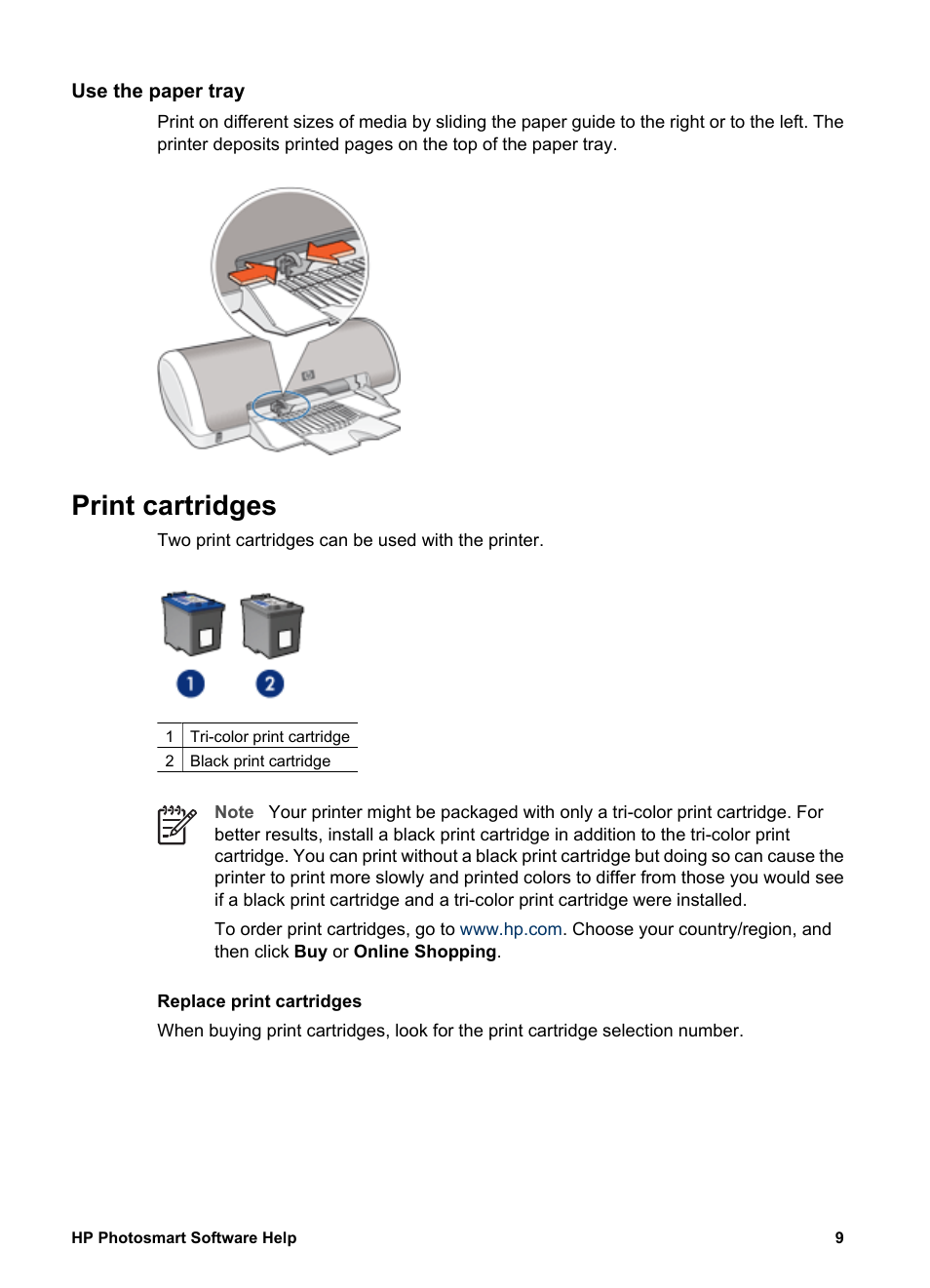 Use the paper tray, Print cartridges | HP Deskjet D1341 Printer User Manual | Page 11 / 80