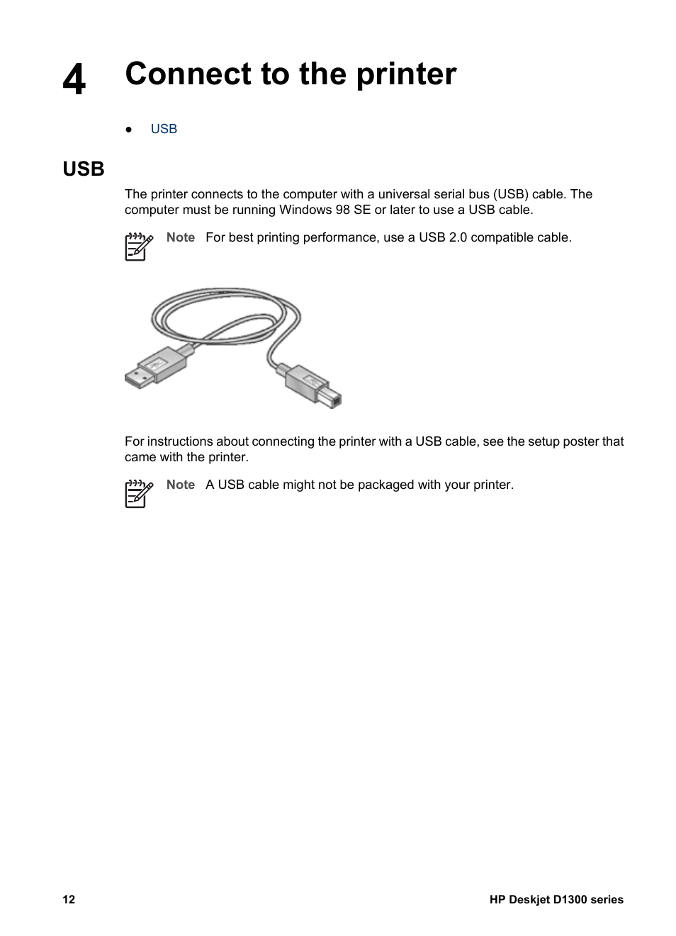 Connect to the printer, Connect to the printer usb | HP Deskjet D1341 Printer User Manual | Page 14 / 80
