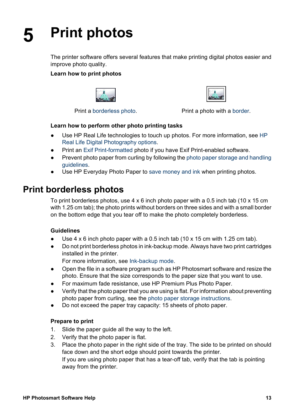 Print photos, Print borderless photos, Print photos print borderless photos | Borderless | HP Deskjet D1341 Printer User Manual | Page 15 / 80