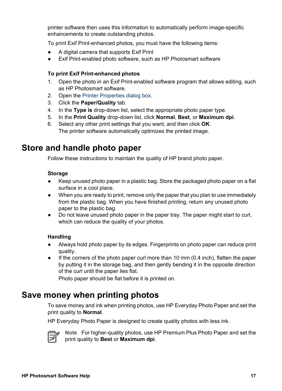 Store and handle photo paper, Save money when printing photos, Photo paper storage and handling | Guidelines, R to, Save money and ink, Photo paper storage instructions | HP Deskjet D1341 Printer User Manual | Page 19 / 80
