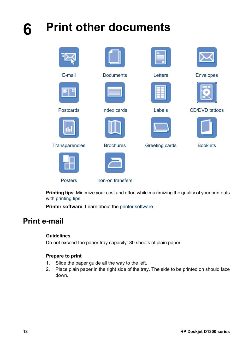 Print other documents, Print e-mail, Print other documents print e-mail | HP Deskjet D1341 Printer User Manual | Page 20 / 80