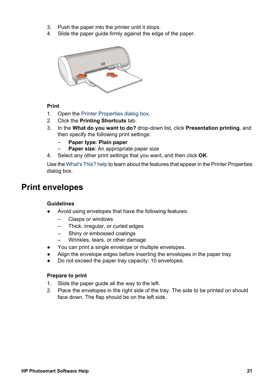 Print envelopes, Envelopes | HP Deskjet D1341 Printer User Manual | Page 23 / 80