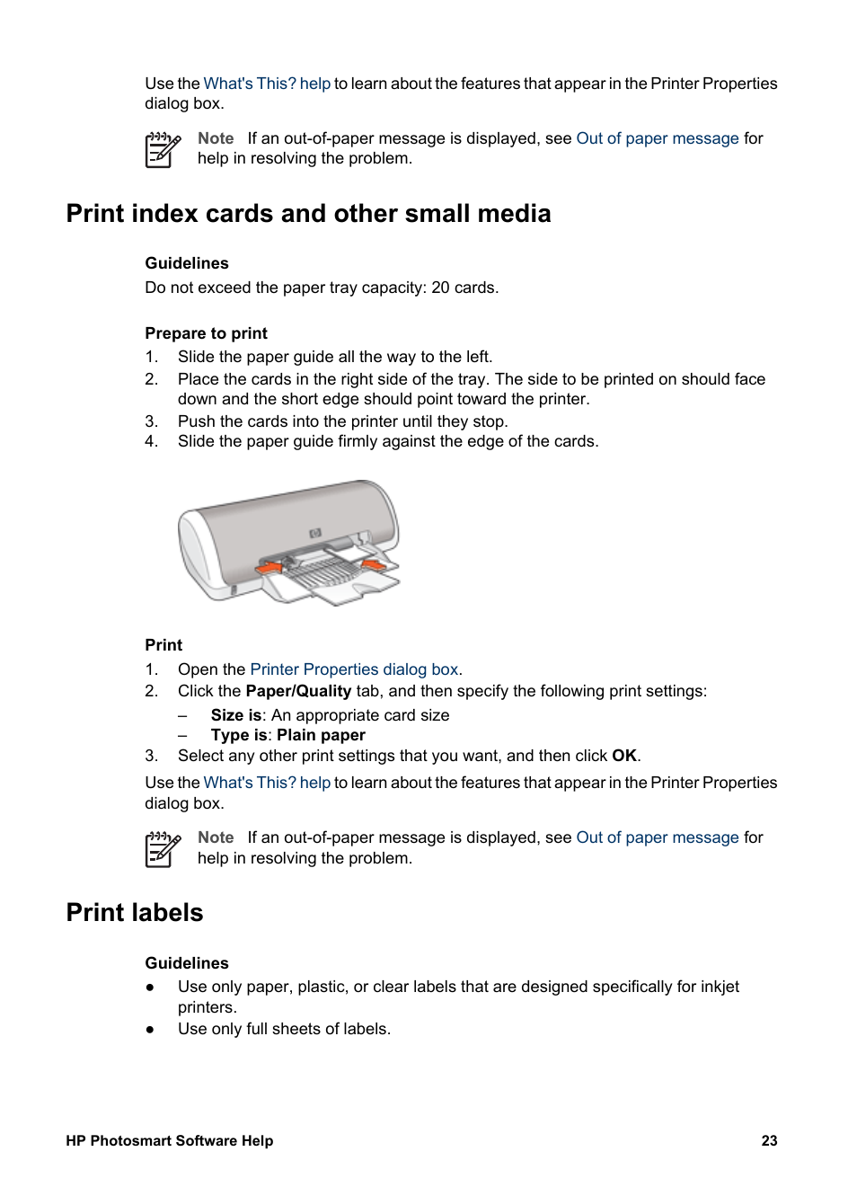 Print index cards and other small media, Print labels, Index cards | Labels | HP Deskjet D1341 Printer User Manual | Page 25 / 80