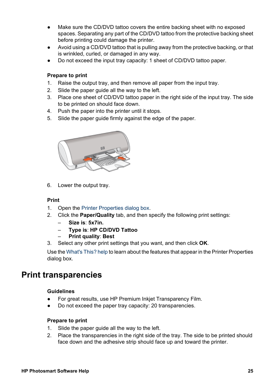 Print transparencies, Transparencies | HP Deskjet D1341 Printer User Manual | Page 27 / 80