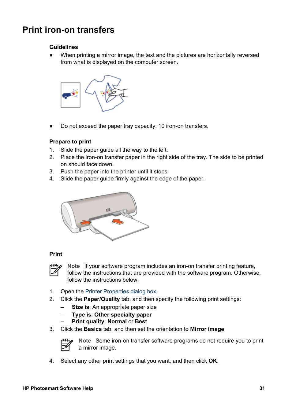 Print iron-on transfers, Iron-on transfers | HP Deskjet D1341 Printer User Manual | Page 33 / 80