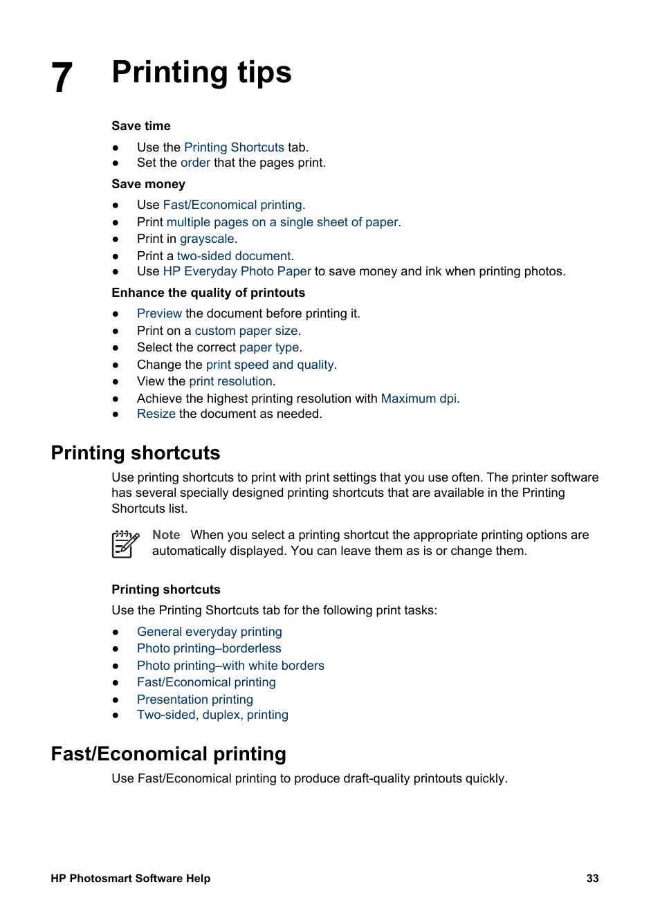 Printing tips, Printing shortcuts, Fast/economical printing | HP Deskjet D1341 Printer User Manual | Page 35 / 80