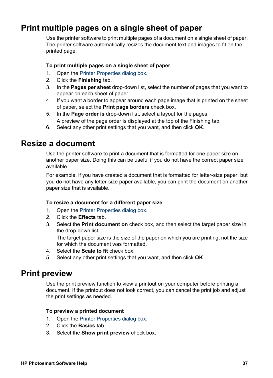 Resize a document, Print preview, Print | Preview, Resize, Print multiple pages on a single sheet of paper | HP Deskjet D1341 Printer User Manual | Page 39 / 80