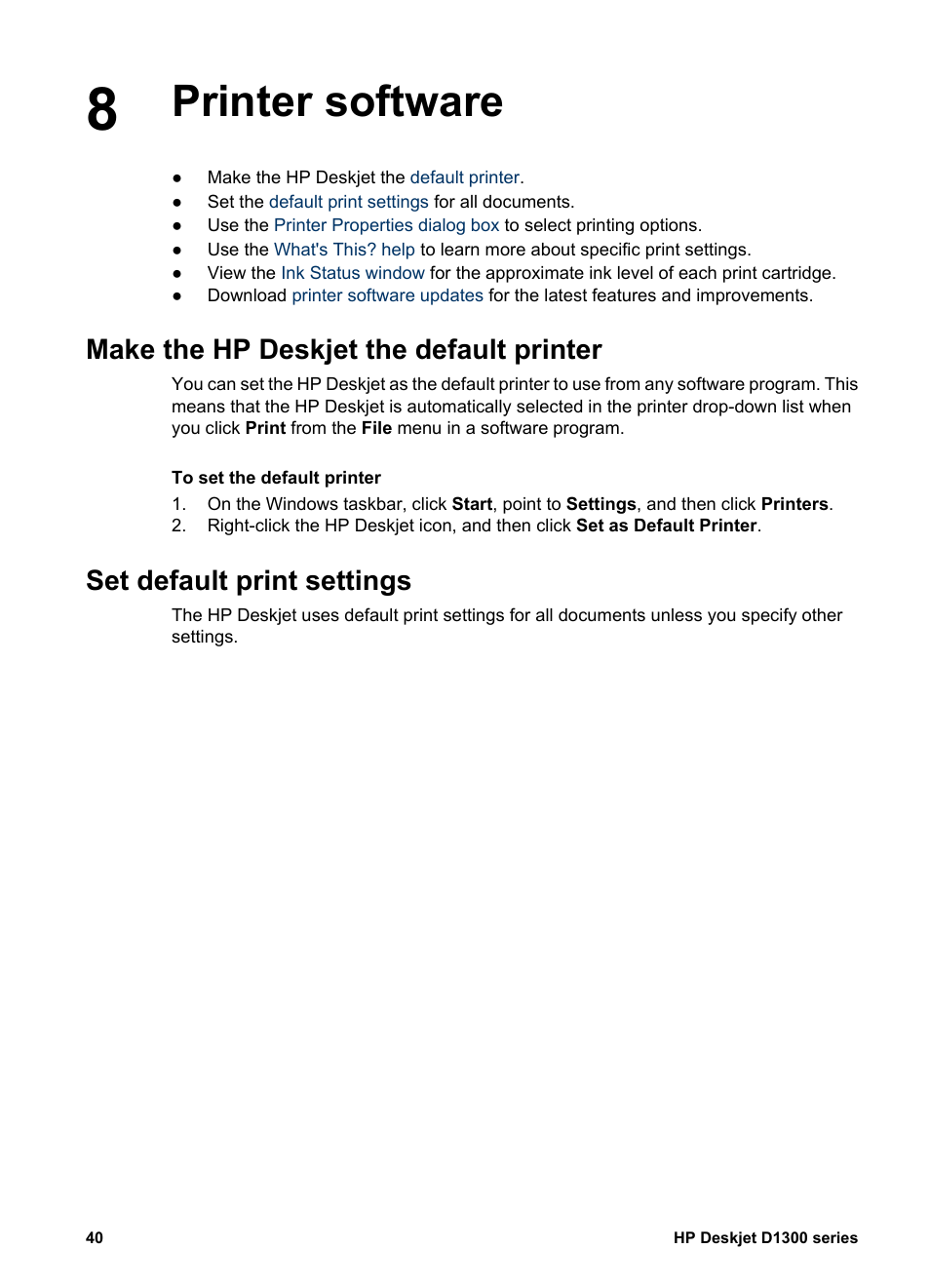 Printer software, Make the hp deskjet the default printer, Set default print settings | HP Deskjet D1341 Printer User Manual | Page 42 / 80