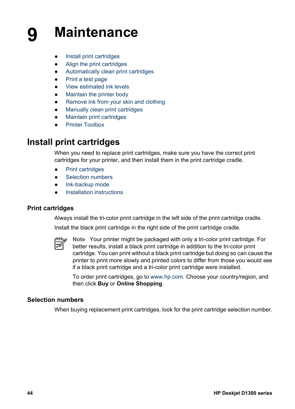 Maintenance, Install print cartridges, Print cartridges | Selection numbers, Maintenance install print cartridges | HP Deskjet D1341 Printer User Manual | Page 46 / 80