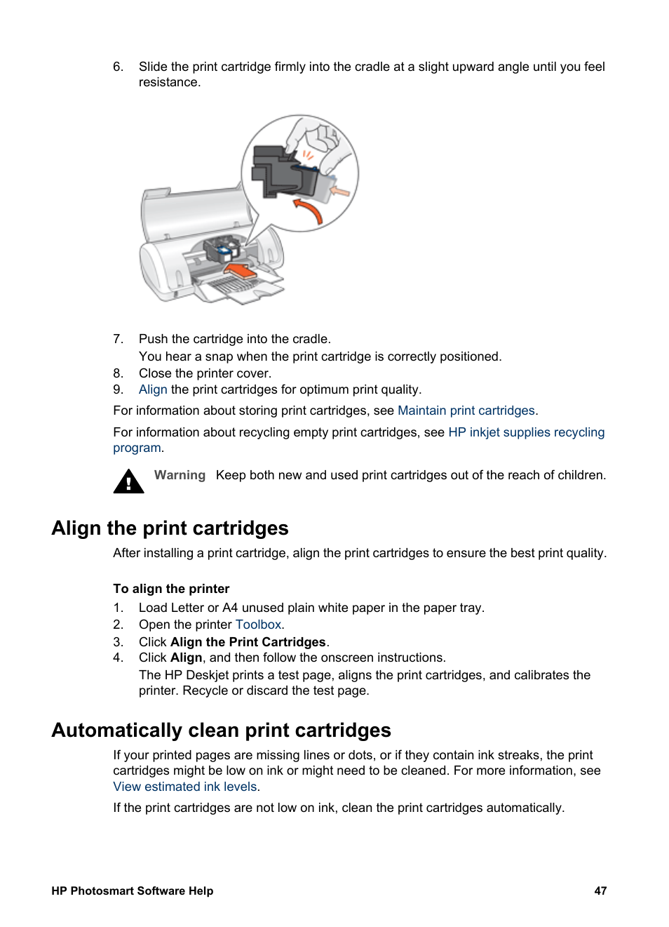 Align the print cartridges, Automatically clean print cartridges | HP Deskjet D1341 Printer User Manual | Page 49 / 80